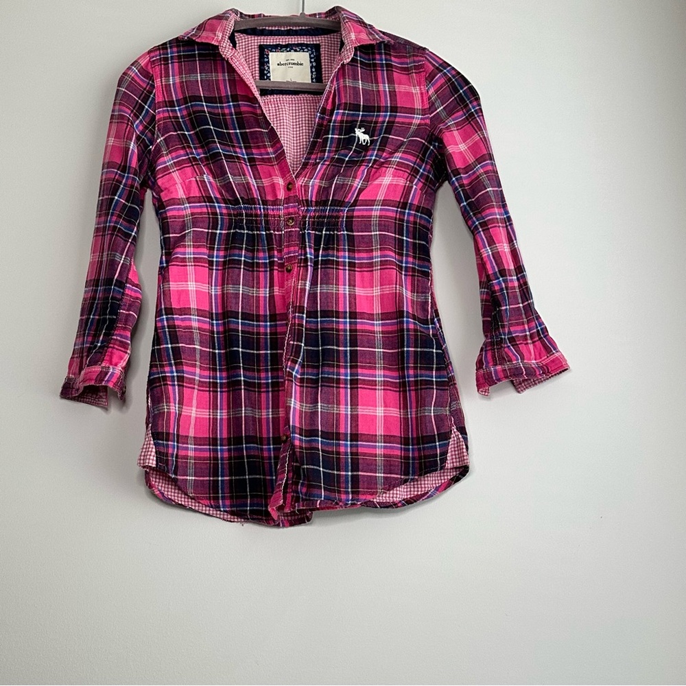 Abercrombie & Fitch Pink and Black Plaid Shirt Girls L/ Women XS